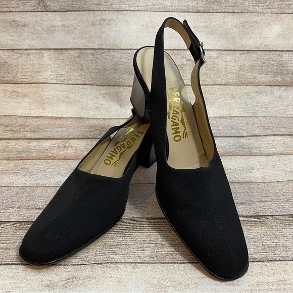 Salvatore Ferragamo Shoes - Womens Salvatore Ferragamo Black Buckled Slingback Heels Size 7.5 4A (narrow)
